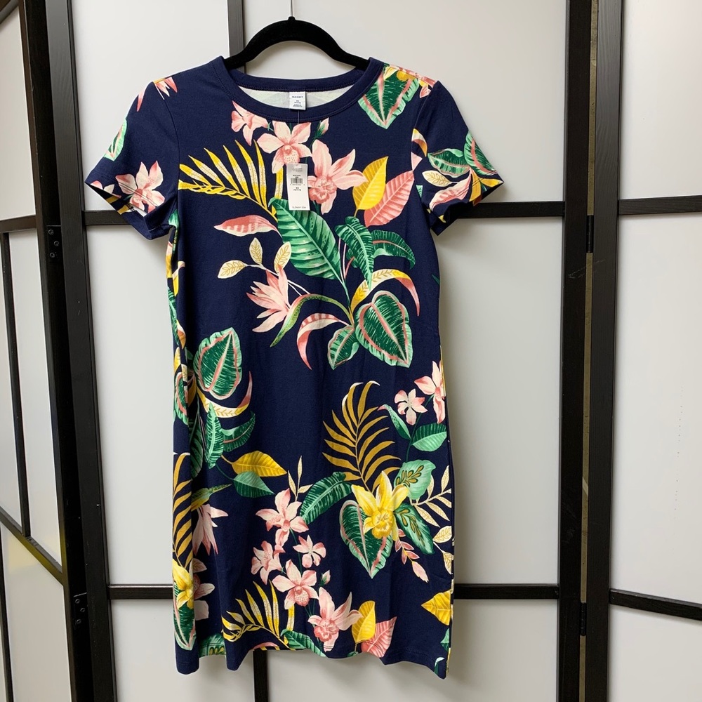 NWT Old Navy Petite Fitted Crew Neck T-Shirt Shift Dress Blue Tropical Print XS